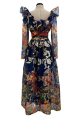 Prettiest 1960s Oscar de la Renta Metallic Thread Detailed Silk Organza Printed Off Shoulder Dress