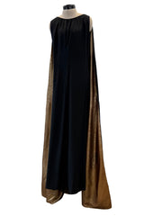 Striking Fall 1976 Chloe by Karl Lagerfeld Runway Documented Black Silk & Metallic Gold Caped Back Panel Dress