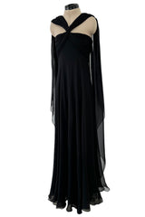 Gorgeous Spring 1989 Bill Blass Runway Black Silk Halter Chiffon w Trailing Shoulder Panels