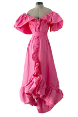 1980s Unlabeled Demi-Couture Pink Silk Dress w Ruffled Front & Caped Shoulders