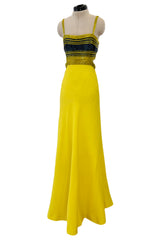 Exceptional 1960s James Galanos Yellow Silk Crepe w Blue & Yellow Beaded Back Cut Out Top
