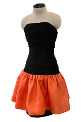 Spring 1987 Yves Saint Laurent Runway Strapless Dotted Net Mini Dress w Coral Skirt