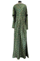 Incredible Fall 1979 Halston Runway Feather Light Green & Metallic Gold Lurex Dress w Original Belt
