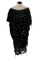 Rare 1980s Jan Faulkner Hand Made Black Suede Cut Out Mini Dress w Pearls & Fringe