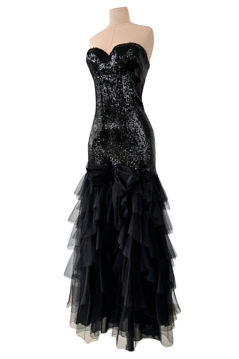 Incredible 1976-1978 Loris Azzaro Strapless Glossy Black Sequin Dress wLayered Net Tulle Skirt
