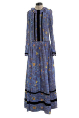 Prettiest 2000s Rochas by Olivier Theyskens Blue Silk Floral Watercolour Dress w Ruffles & Velvet Trim