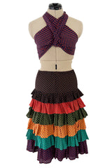 Prettiest Spring 1971 Yves Saint Laurent Documented Dotted Ruffle Skirt & Tie Halter Top Set