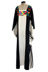 1960s Josefa Hand Embroidered Natural Linen & Black Caftan Dress W Incredible Sleeves