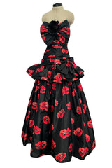 Specatacualr circa 1995 Nina Ricci Demi-Couture Strapless Floral Silk Taffeta Dress w Bow Detailing