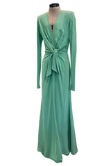Iconic Spring 1985 Yves Saint Laurent Haute Couture Runway Pale Green Silk Dress w Front Plunge & Tie