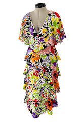 Prettiest 1970s Hollys Harp Bright Printed Silk Tiered V Front & Back Plunge Dress w Layered Tiers