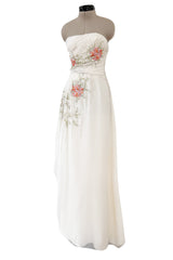 Dreamy Spring 2008 Christian Dior by John Galliano Ivory Silk Chiffon Dress w Hand Done Floral Embroidery