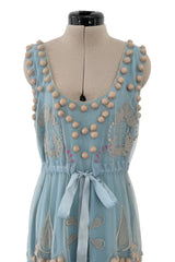 Prettiest Vintage Unlabeled Dusty Pale Blue Net Applique & Embroidered Dress w Ribbon Waist Tie