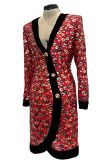 Spectacular Fall 1990 Givenchy Red Silk Organza Button Dress w Sequins & Velvet Trim &