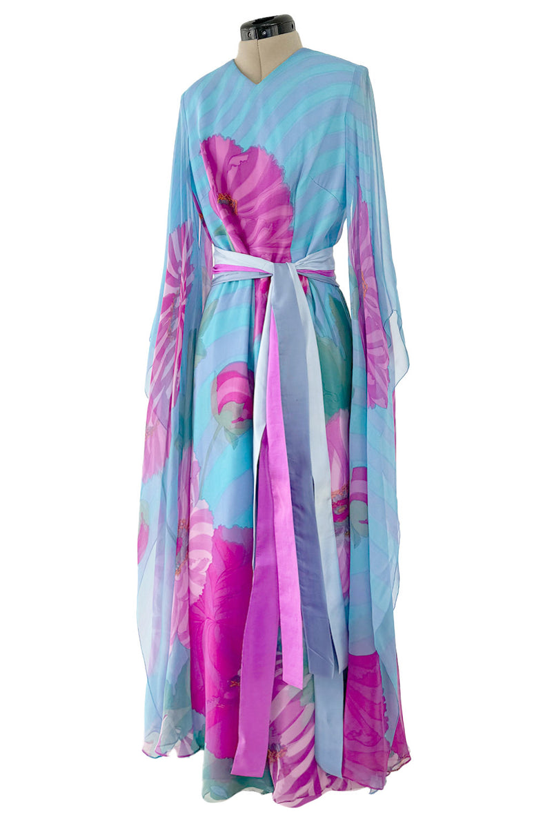Dreamy c. 1969 Hanae Mori Couture Printed Silk Chiffon Jumpsuit w Floor Length Angel Sleeves