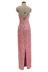 Prettiest 1980s Oleg Cassini Pink Silk Dress Covered in Iridescent Sequins w Silver Tube Bead Detailing & Trim