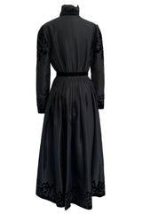 Early 1980s Louis Feraud Black Silk Tafetta Dress w Puff Shoulder Sleeves & Velvet Detailing