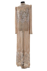 Gorgeous 1980s Unlabeled Fernando Pena Metallic Gold Thread & Pink Bead Sequin & Net Dress