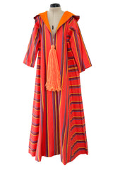 Incredible 1960s Josefa Striped Cotton Caftan Dress w Hood & Huge Orange Yarn Tassel Detailing