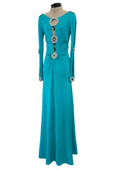 Spectacular Early 1970s Loris Azzaro Plunging Turquoise Silk Jersey w Open Rhinestone Rings