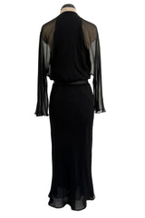 Minimalist Mid-1970s Halston Black Bias Cut Silk Chiffon Wrap Dress w Wide Sleeves