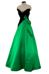 Fall 1987 Arnold Scaasi Black Strapess Velvet & Green Full Skirt Silk Dress