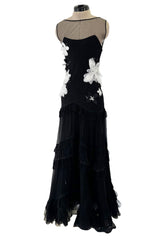 Beautiful Fall 2005 John Galliano Bias Cut Black Silk Dress w Hand Applied Silk Flowers