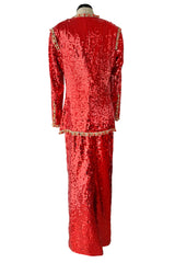 Bright Red 1980s Balenciaga Le Dix Sequin Jacket & Skirt Suit w Gold Braiding & Beadwork Detailing