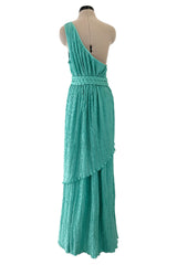 Amazing 1980s Mary McFadden One Shoulder Pleated Two Piece Set Dress w Braided Belt