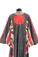 Fabulous 1960s Josefa Hand Muted Charcoal & Coral Cotton Caftan w Hand Embroidered Details