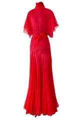 1970s Giorgio Sant'Angelo Red Silk ChiffonDress w Pink Silk Chiffon Lining & Prettiest Gusset Skirt