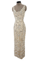 Amazing 1950s Mde. Etoile Ivory Silk Heavily Hand Beaded Demi Couture Dress w Scoop Back