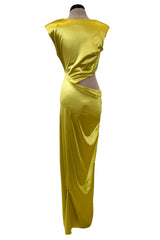 Incredible 1990s Gianni Versace Chartreuse Stretch Dress w Side Cut Out & Slit
