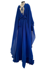 Superb Spring 2013 Yves Saint Laurent Hedi Slimane Debut Runway Blue Dress Silk Chiffon w Matching Cape & Sash