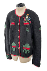 Prettiest 1980s Wolkenstricker Charcoal Colour Hand Knit Cardigan Sweater w Floral Details