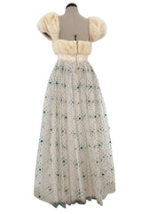 Incredible 1968 Sarmi Ivory Silk Net Dress w Mink Bodice & Metallic Tinsel Dot Detailing