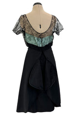 Rare 1950s Irene Lentz Black Silk Taffeta Dress w Pale Blue Ribbon & Lace Illusion Bodice