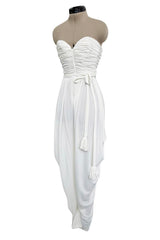 1970s Loris Azzaro White Stretch Jersey Strapless Jumpsuit w Gathered Bodice & Draped Pants