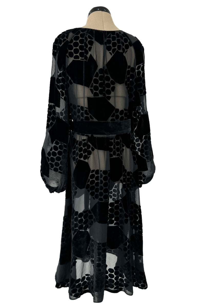 Fantastic Early 1970s Miss Dior Black Silk Velvet Fused Onto Black Transparent Silk Chiffon Dress