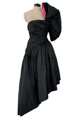 Striking 1980s Arnold Scaasi Couture Black Silk Strapless Dress w Pink Lined Half Bow & Shawl