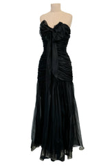 Prettiest Spring 1985 Chloe by Karl Lagerfeld Black Silk Organza Strapless Dress w Bow Detailing