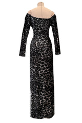 Iconic Fall 1989 Patrick Kelly Off Shoulder Silver Leopard Print Dress in a Soft Stretch Velour