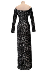 Iconic Fall 1989 Patrick Kelly Off Shoulder Silver Leopard Print Dress in a Soft Stretch Velour
