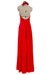 Amazing 1970s Halston Red Jersey Halter Neck Jumpsuit w Open Bare Back & Ultra Wide Legs