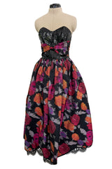 Stunning c 1990 Geoffrey Beene Strapless Sequin Bodice & Floral Silk Taffeta Dress w Shawl
