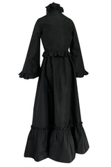 Dreamy 1980s Valentino Black Silk Wide Ruffled Hem Dress w Matching Wide Bell Sleeve Cropped Jacket