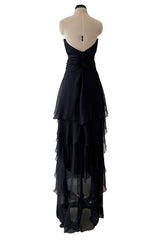 1980s Chanel by Karl Lagerfeld Strapless Black Tiered Silk Chiffon Dress