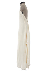 2010s Valentino Ivory Silk Crepe One Shoulder Dress w Draped Back & Rhinestone Buckle