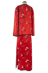 Fabulous 1970s Bill Gibb Red Woven Floral Print Silk Jacket w Matching High Slit Skirt