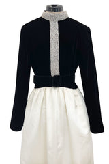 Early 1960s Harvey Berin Black Velvet & Ivory Silk Skirted Dress w Sparkling Beaded Detailing